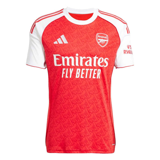 GOATkitz Arsenal 2025-26 adult home jersey in red with white sleeves and subtle repeating Arsenal crest pattern.
