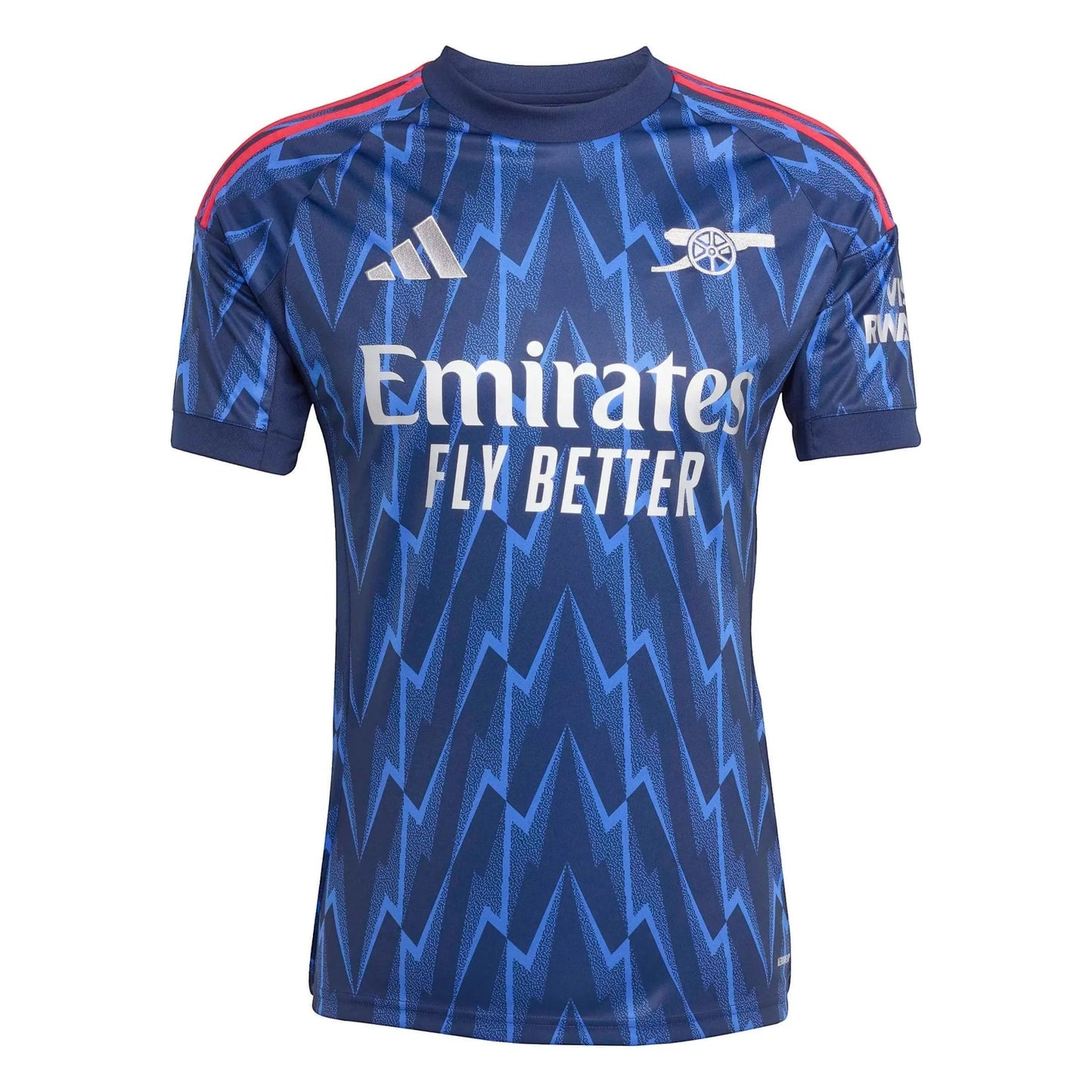 GOATkitz Arsenal 2025-26 kids away jersey in dark blue with a lightning bolt pattern and red stripes on shoulders. Features Emirates Fly Better sponsor.