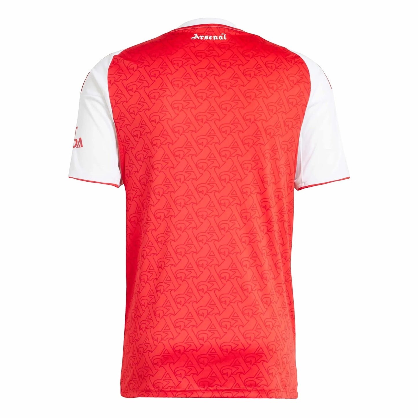 GOATkitz Arsenal 2025-26 kids home jersey, red with white sleeves and all-over 'AFC' monogram pattern.