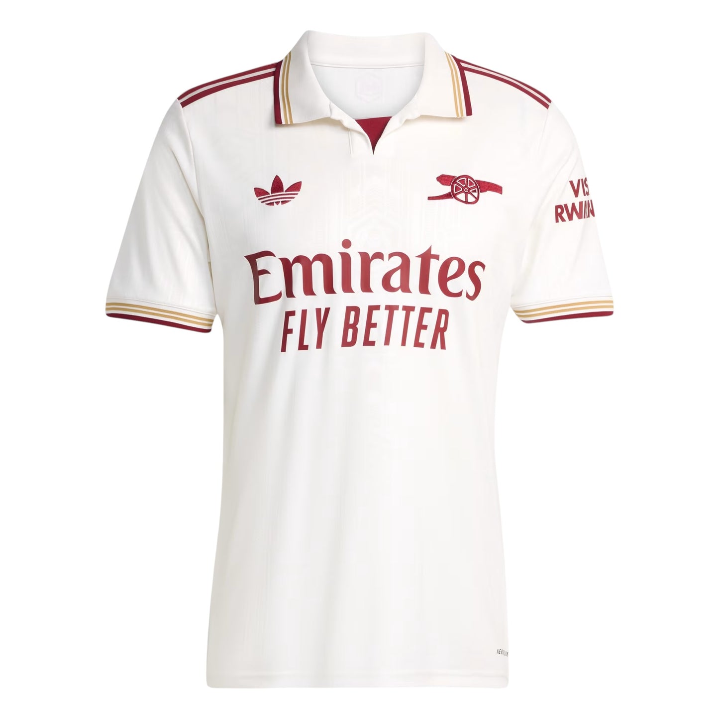 GOATkitz Arsenal 2025-26 kids third jersey in off-white with maroon and gold trim. Features Emirates Fly Better sponsor.