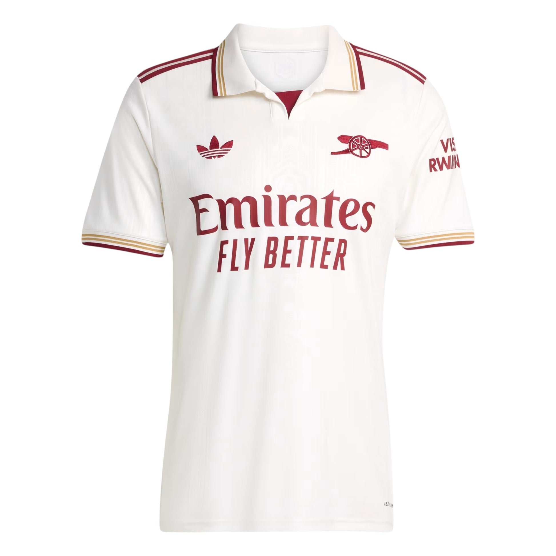 GOATkitz Arsenal 2025-26 kids third jersey in off-white with maroon and gold trim. Features Emirates Fly Better sponsor.