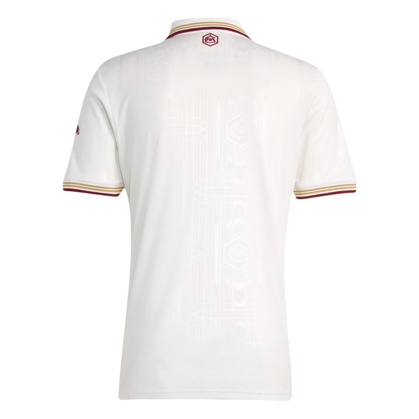 GOATkitz Arsenal 2025-26 kids third jersey, white with maroon and gold trim on collar and sleeves. Subtle geometric pattern.