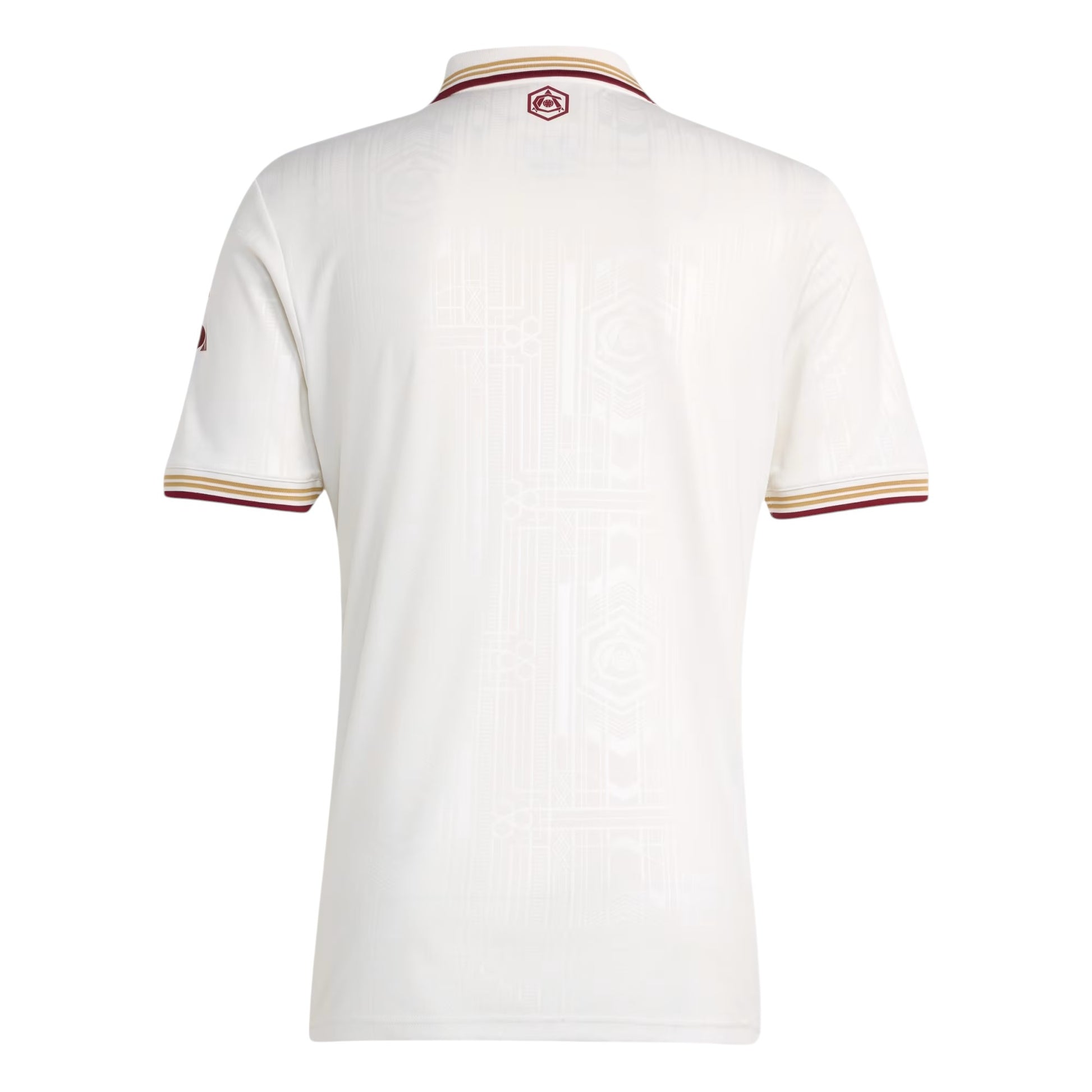 GOATkitz Arsenal 2025-26 kids third jersey, white with maroon and gold trim on collar and sleeves. Subtle geometric pattern.