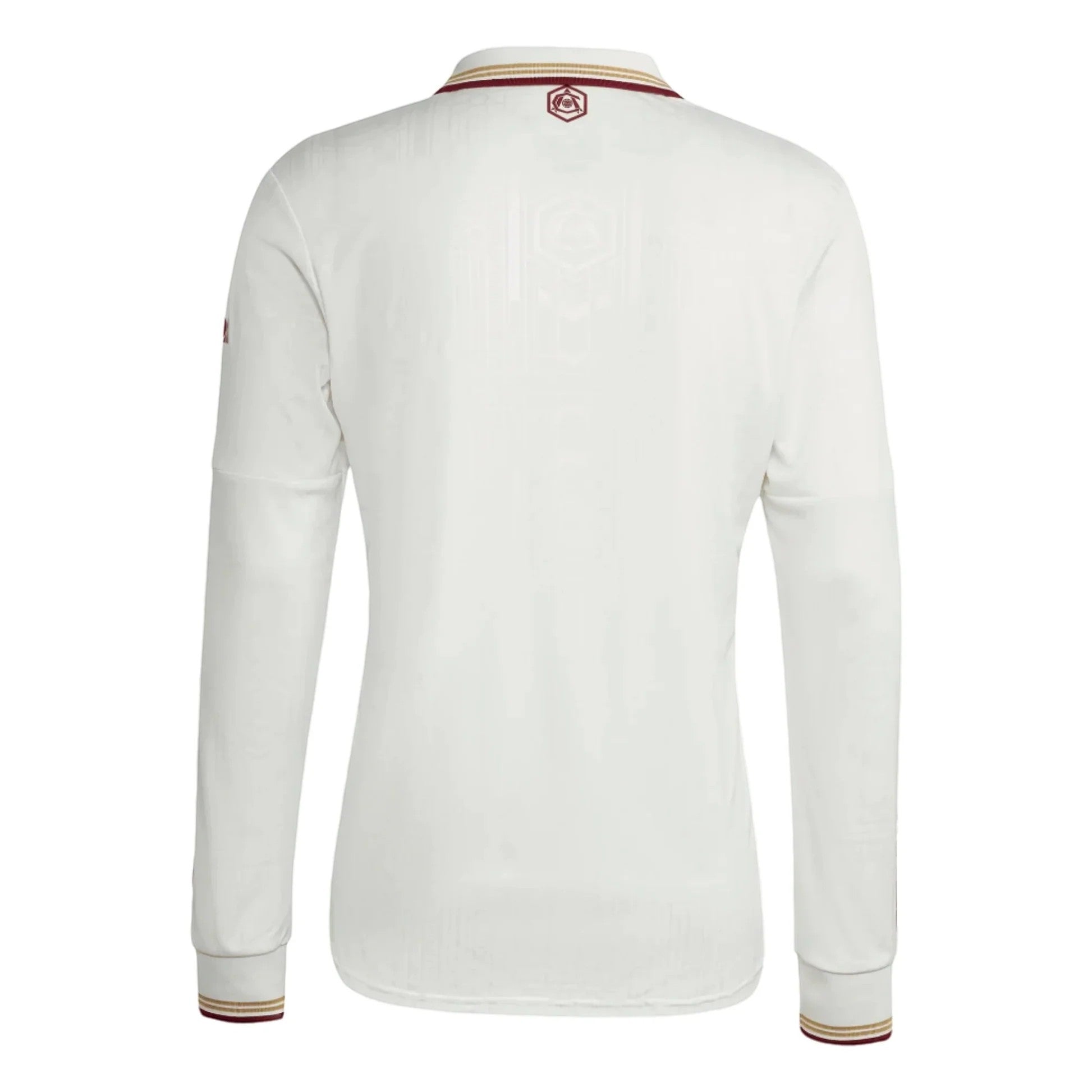 GOATkitz Arsenal 2025-26 adult third long sleeve jersey in white with maroon and gold trim on collar and cuffs.