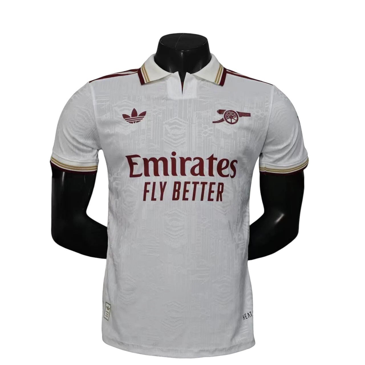GOATkitz Arsenal 2025-26 white player version third jersey with maroon trim and Emirates Fly Better logo. Customizable.