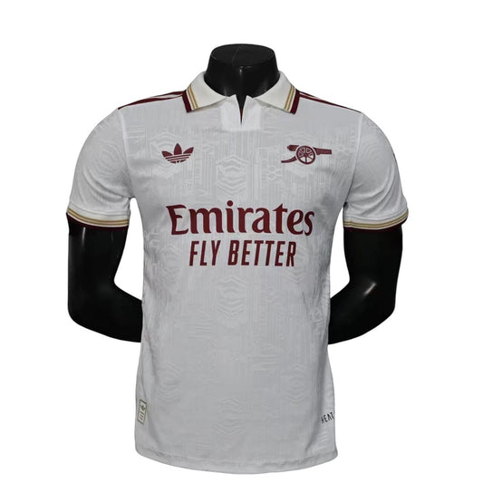 GOATkitz Arsenal 2025-26 white player version third jersey with maroon trim and Emirates Fly Better logo. Customizable.