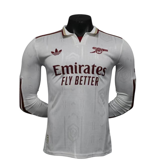 GOATkitz Arsenal 2025-26 white long sleeve player version football jersey with maroon accents and Emirates Fly Better sponsor.
