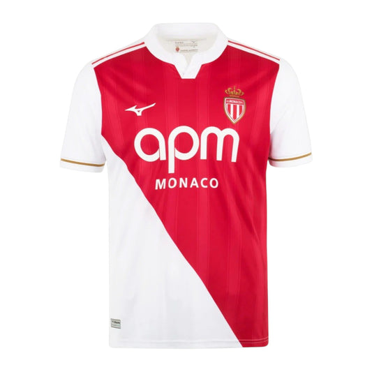 GOATkitz AS Monaco 2025-26 adult home jersey in red and white with diagonal design, APM Monaco sponsor, and club crest.