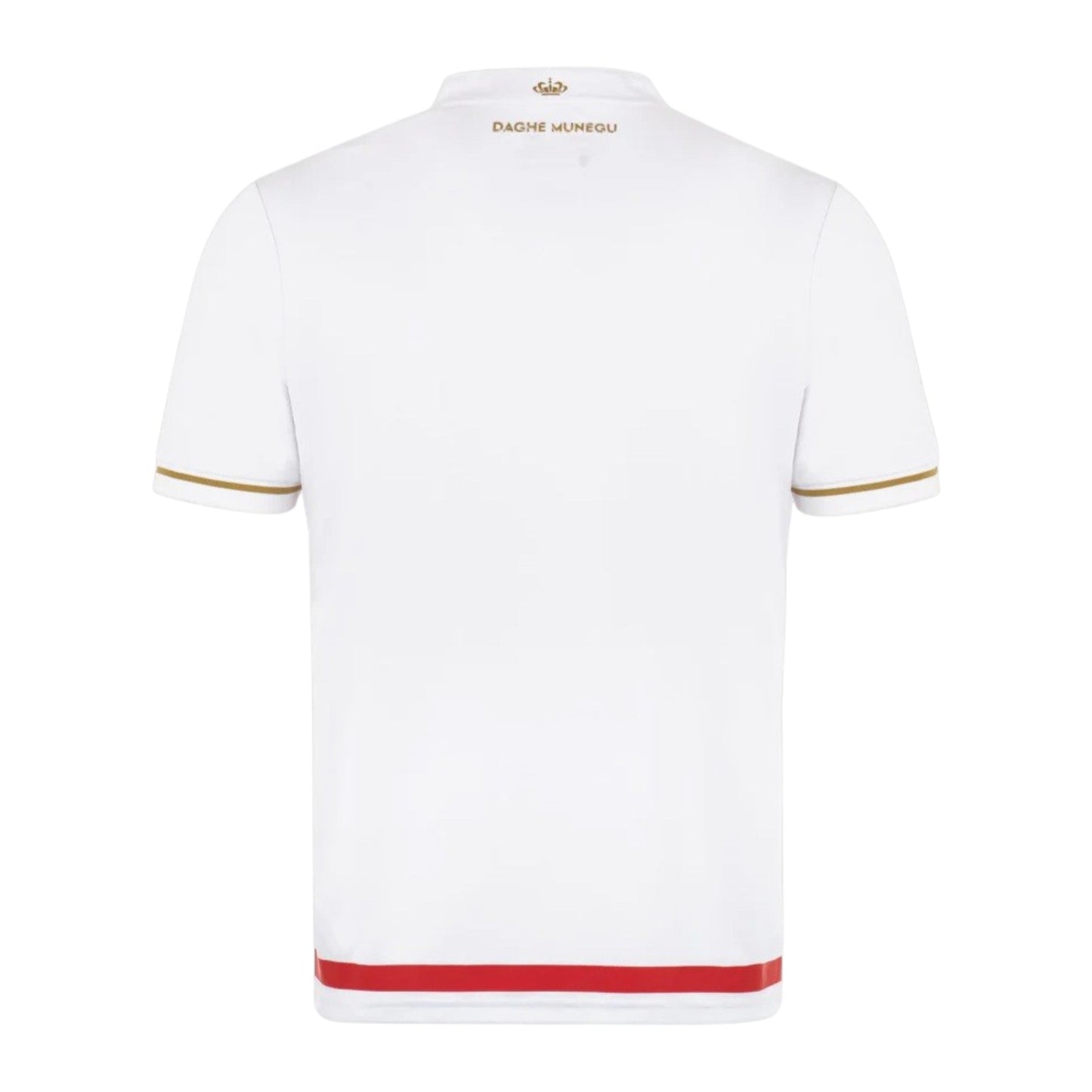 GOATkitz AS Monaco 2025-26 adult home jersey, white with gold trim on sleeves and red hem.