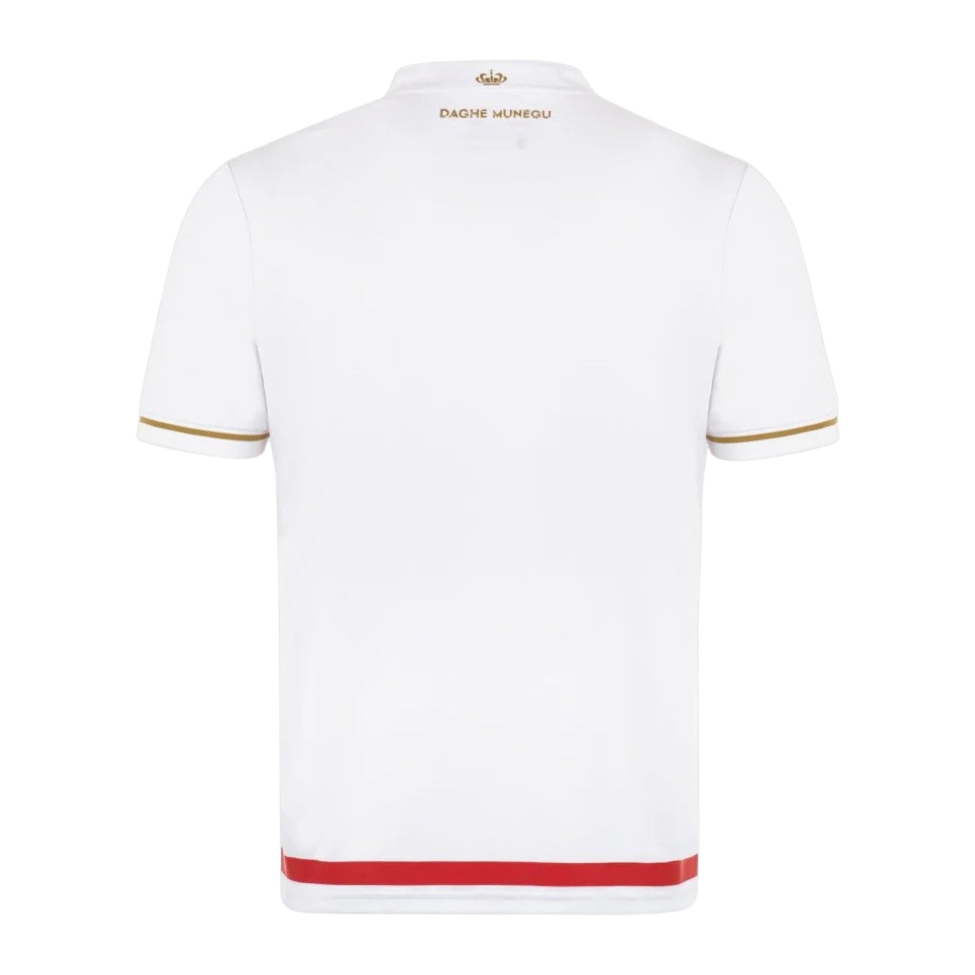GOATkitz AS Monaco 2025-26 adult home jersey, white with gold trim on sleeves and red hem.