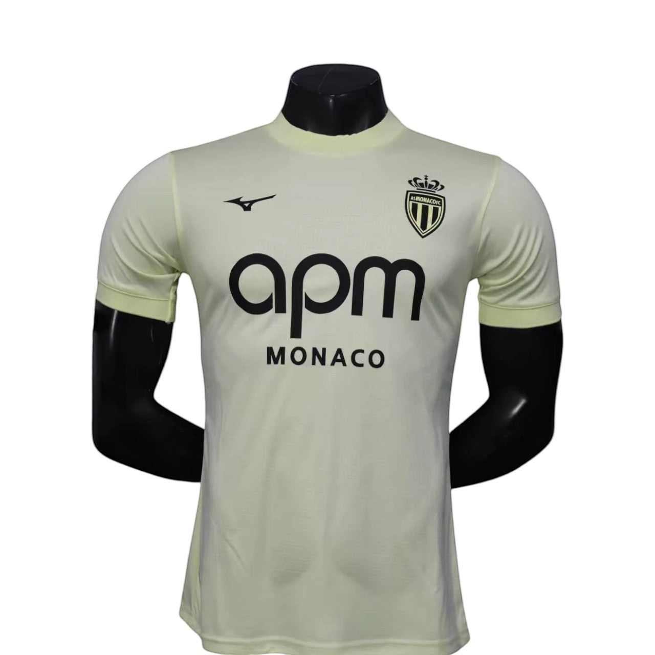 GOATkitz AS Monaco 2025-26 player version third jersey in pale yellow with black APM logo and crest. Short sleeves.