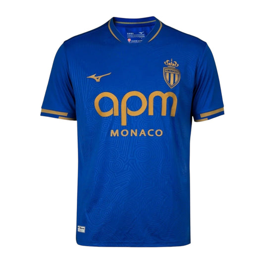 GOATkitz AS Monaco 2025-26 adult away jersey in royal blue with gold accents and APM Monaco sponsor.