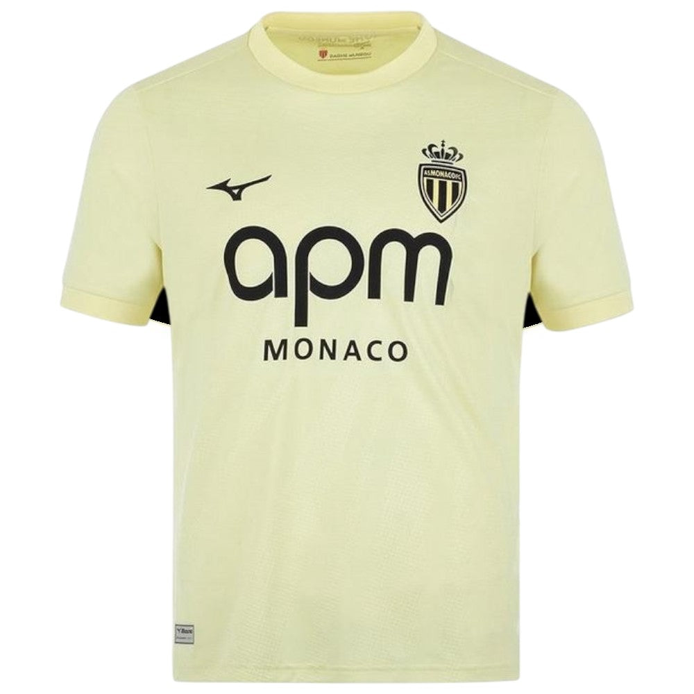 GOATkitz AS Monaco 2025-26 adult third jersey in pale yellow with black APM Monaco logo and team crest.