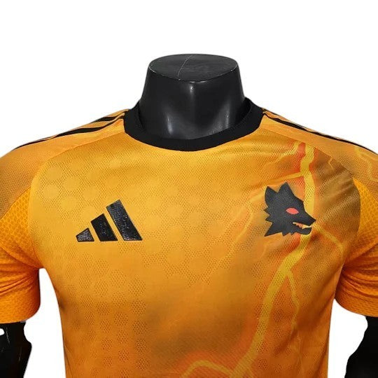 GOATkits AS Roma 2025-26 player version away jersey in orange with black accents and wolf logo. Customizable.