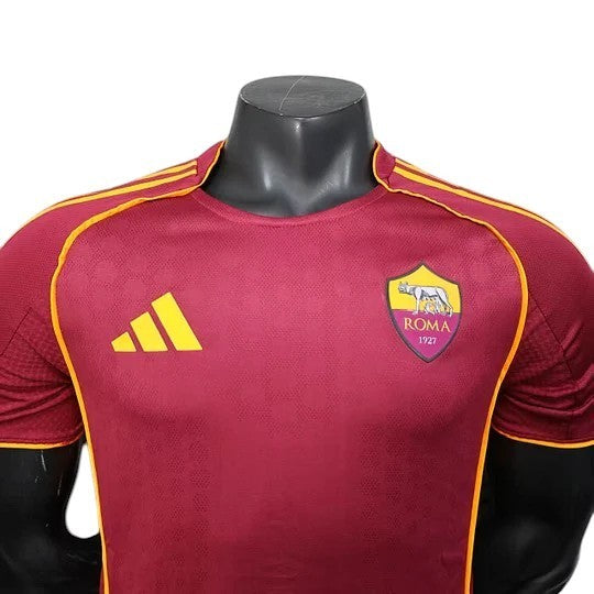GOATkitz AS Roma 2025-26 adult player version home jersey in maroon with yellow accents and crest. Customizable.
