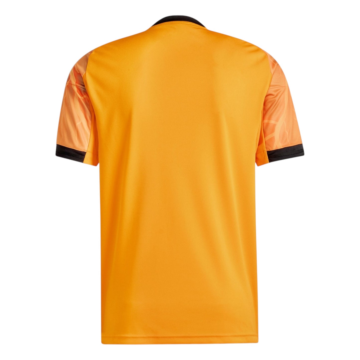 GOATkitz AS Roma 2025-26 adult away jersey in orange with black collar and cuffs. Features patterned sleeves.