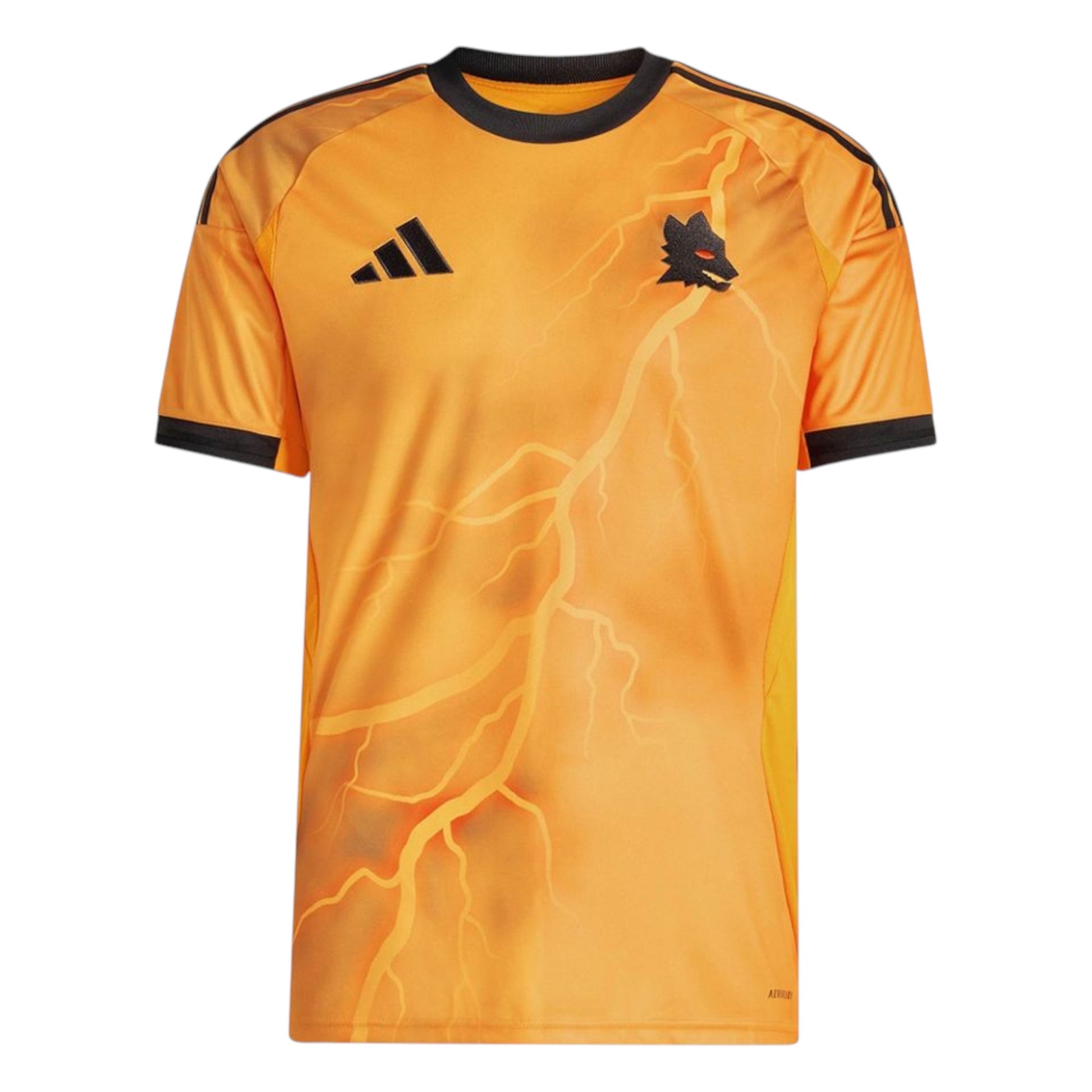 GOATkitz AS Roma 2025-26 adult away jersey in orange with black lightning print and trim. Features team crest and Adidas logo.