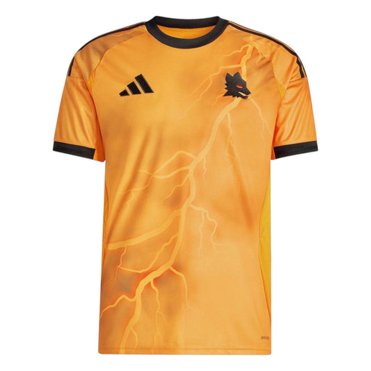 GOATkitz AS Roma 2025-26 adult away jersey in orange with black lightning print and trim. Features team crest and Adidas logo.