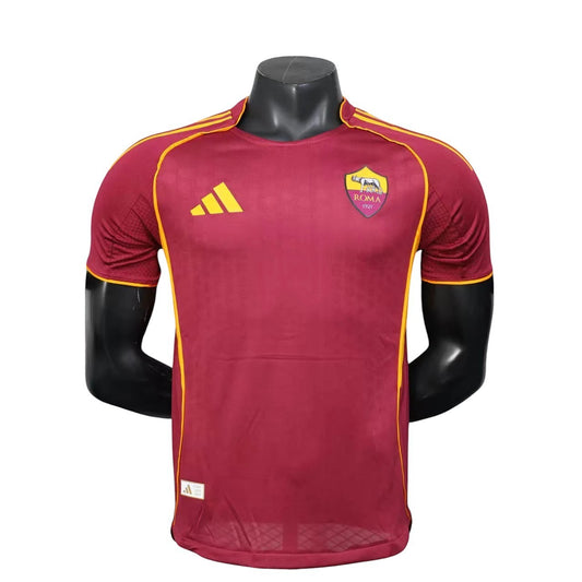 GOATkitz AS Roma 2025-26 adult player version home jersey in maroon with yellow trim. Customizable name, number, and badges.