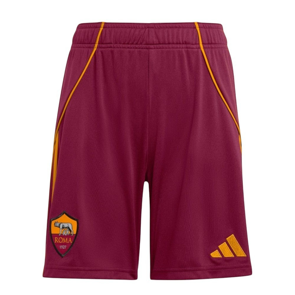 GOATkitz AS Roma 2025-26 kids home shorts in maroon with yellow trim and embroidered crest. Customizable.
