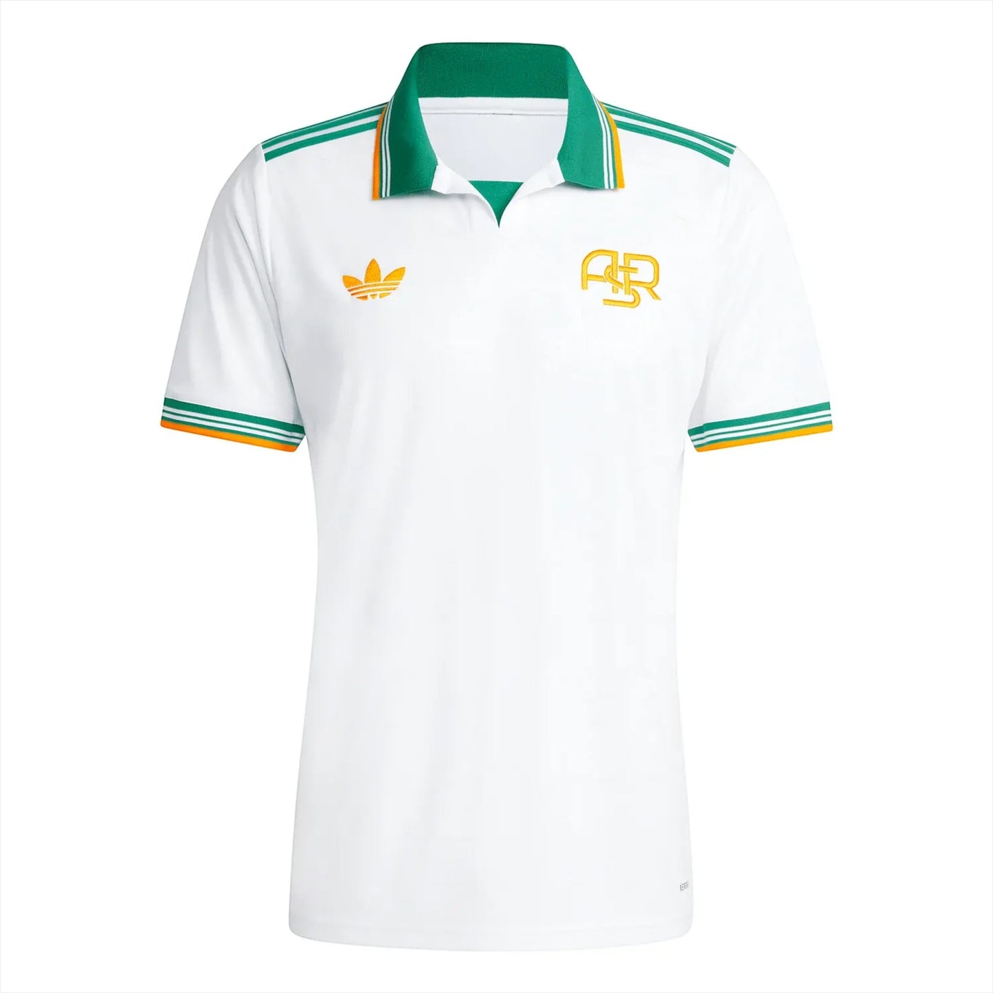 GOATkitz AS Roma 2025-26 kids third jersey in white with green and orange trim. Features Adidas logo and ASR crest.