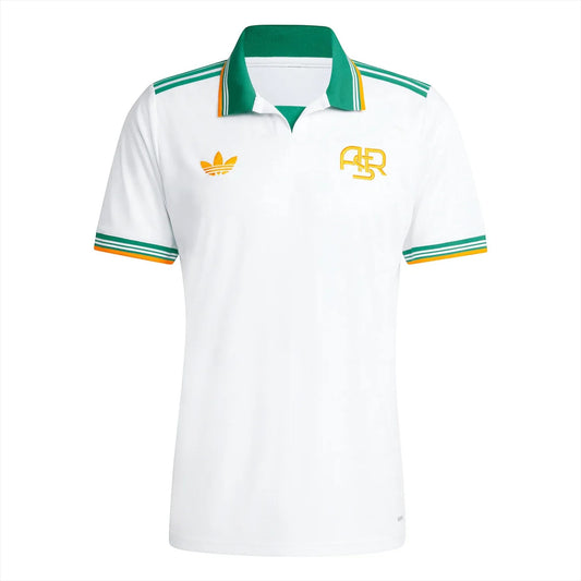GOATkitz AS Roma 2025-26 kids third jersey in white with green and orange trim. Features Adidas logo and ASR crest.