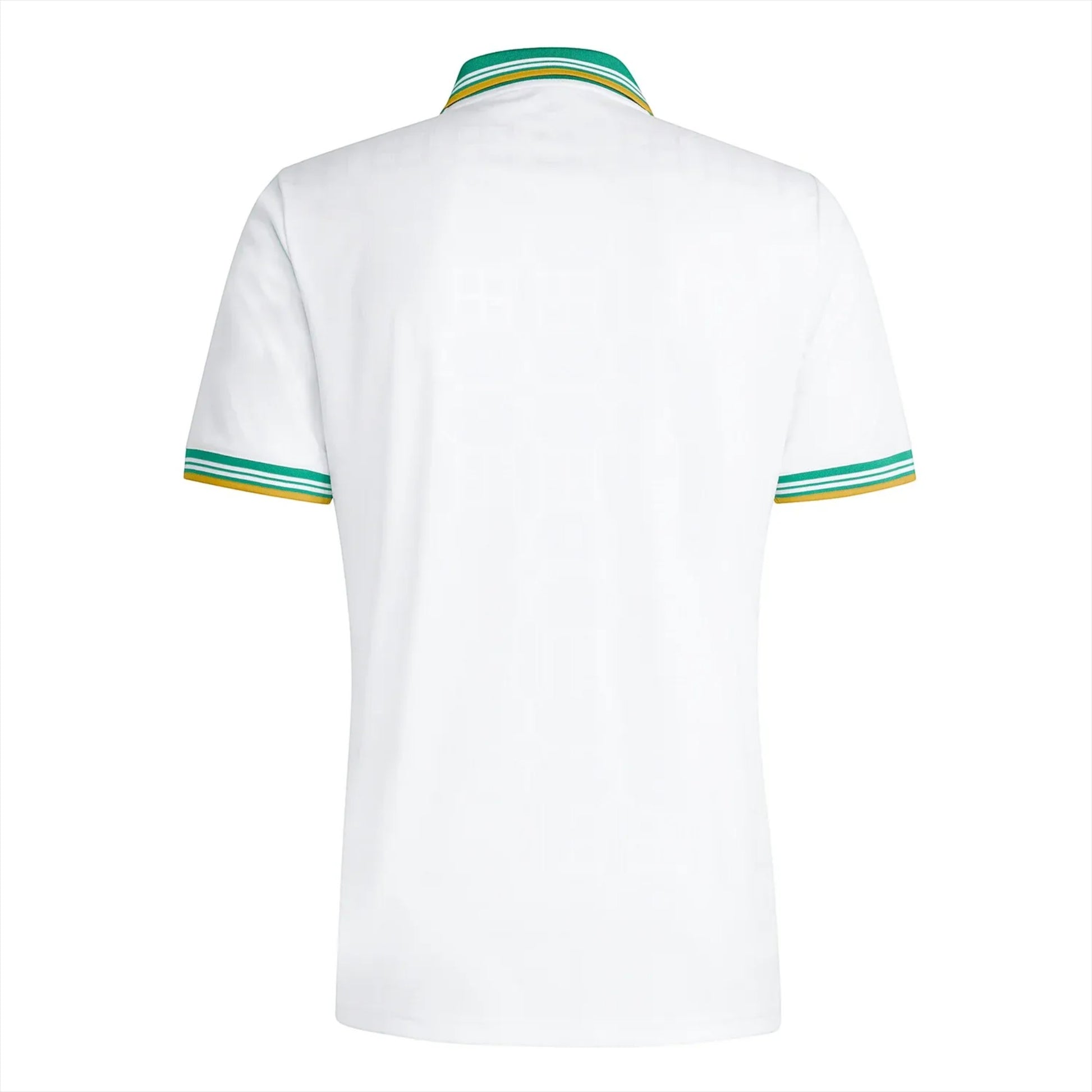 GOATkitz AS Roma 2025-26 kids third jersey back view. White short-sleeve polo with green and gold striped collar and cuffs.