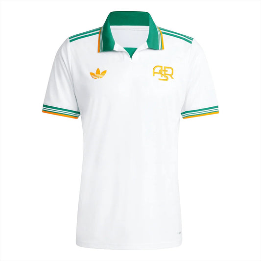 GOATkitz AS Roma 2025-26 white football jersey with green and orange trim, featuring Adidas logo and ASR crest.
