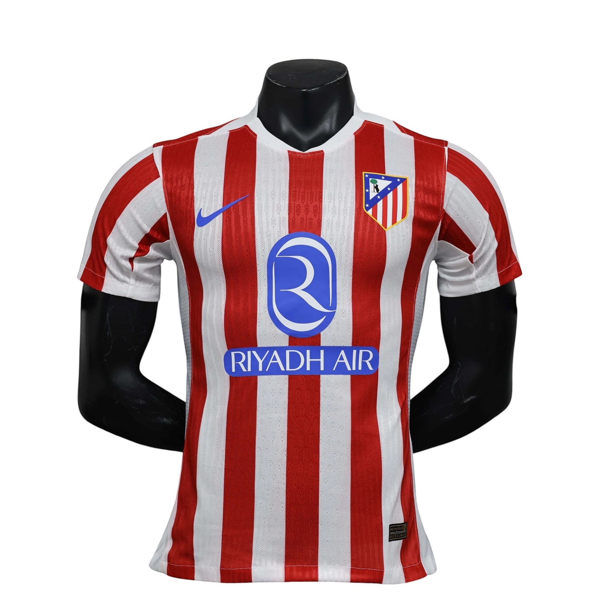 GOATkitz Atlético Madrid 2025-26 player version home jersey, red and white stripes, customizable name and number.