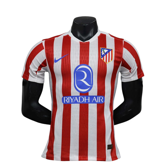 GOATkitz Atlético Madrid 2025-26 player version home jersey, red and white stripes, customizable name and number.