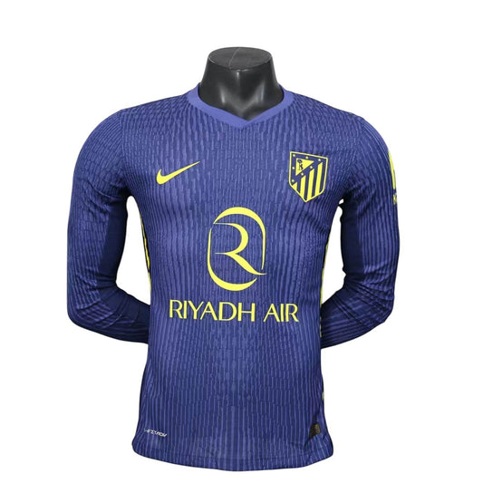 GOATkitz Atlético Madrid 2025-26 adult player version away long sleeve jersey in navy blue with yellow accents and crest.