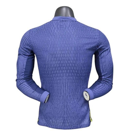 GOATkitz Atlético Madrid 2025-26 away long sleeve player version jersey in blue with vertical stripe pattern.