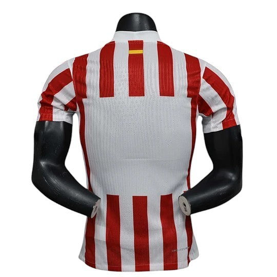 GOATkitz Atlético Madrid 2025-26 Player Version Home Jersey, white with red vertical stripes, customizable.