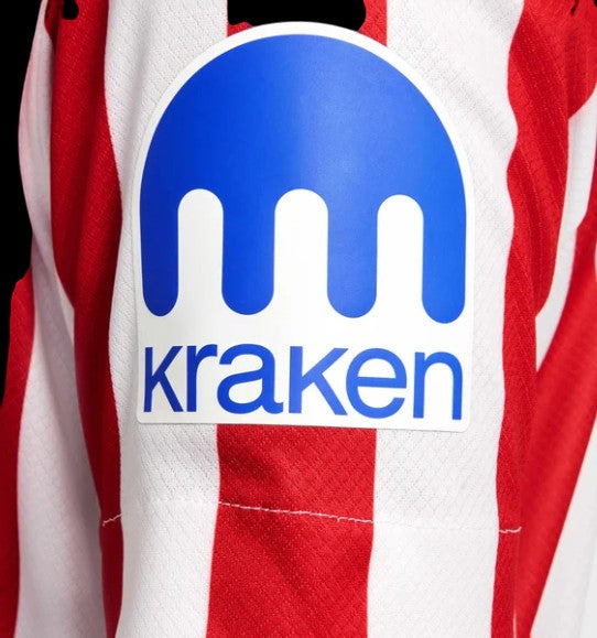 GOATkitz Atlético Madrid 2025-26 home long sleeve jersey in red and white stripes with Kraken logo.
