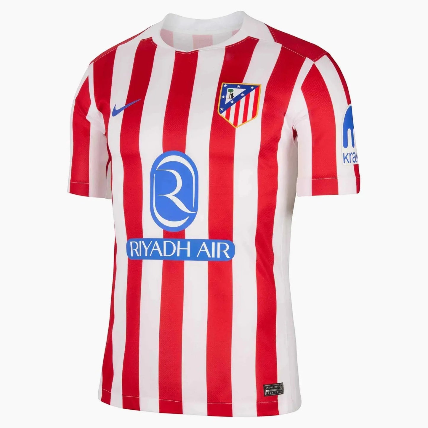 GOATkitz Atlético Madrid 2025-26 adult home jersey, red and white vertical stripes, club crest, Nike logo, Riyadh Air sponsor.