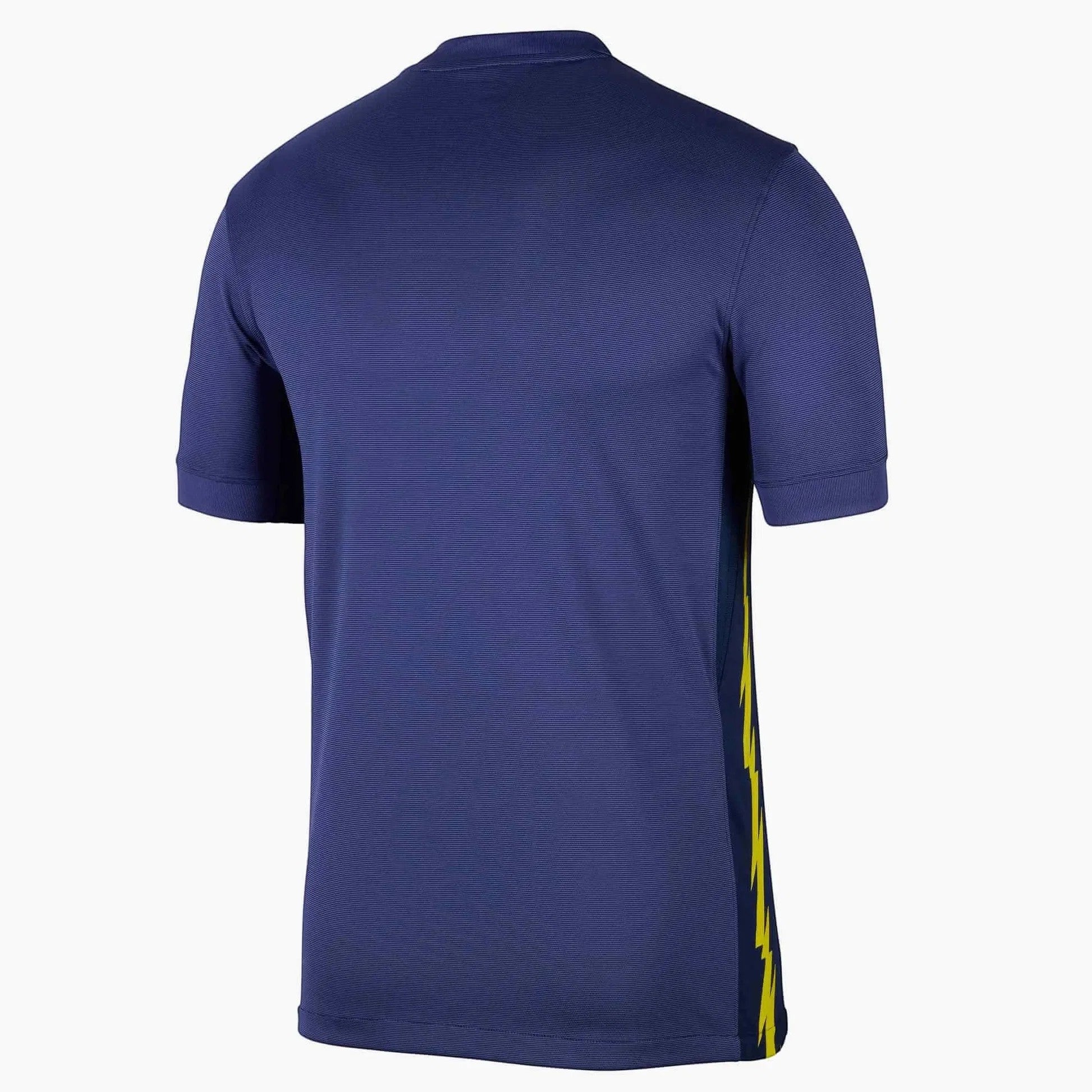 GOATkitz Atlético Madrid 2025-26 kids away jersey, navy blue with yellow lightning bolt side panels. Short sleeves, crew neck.