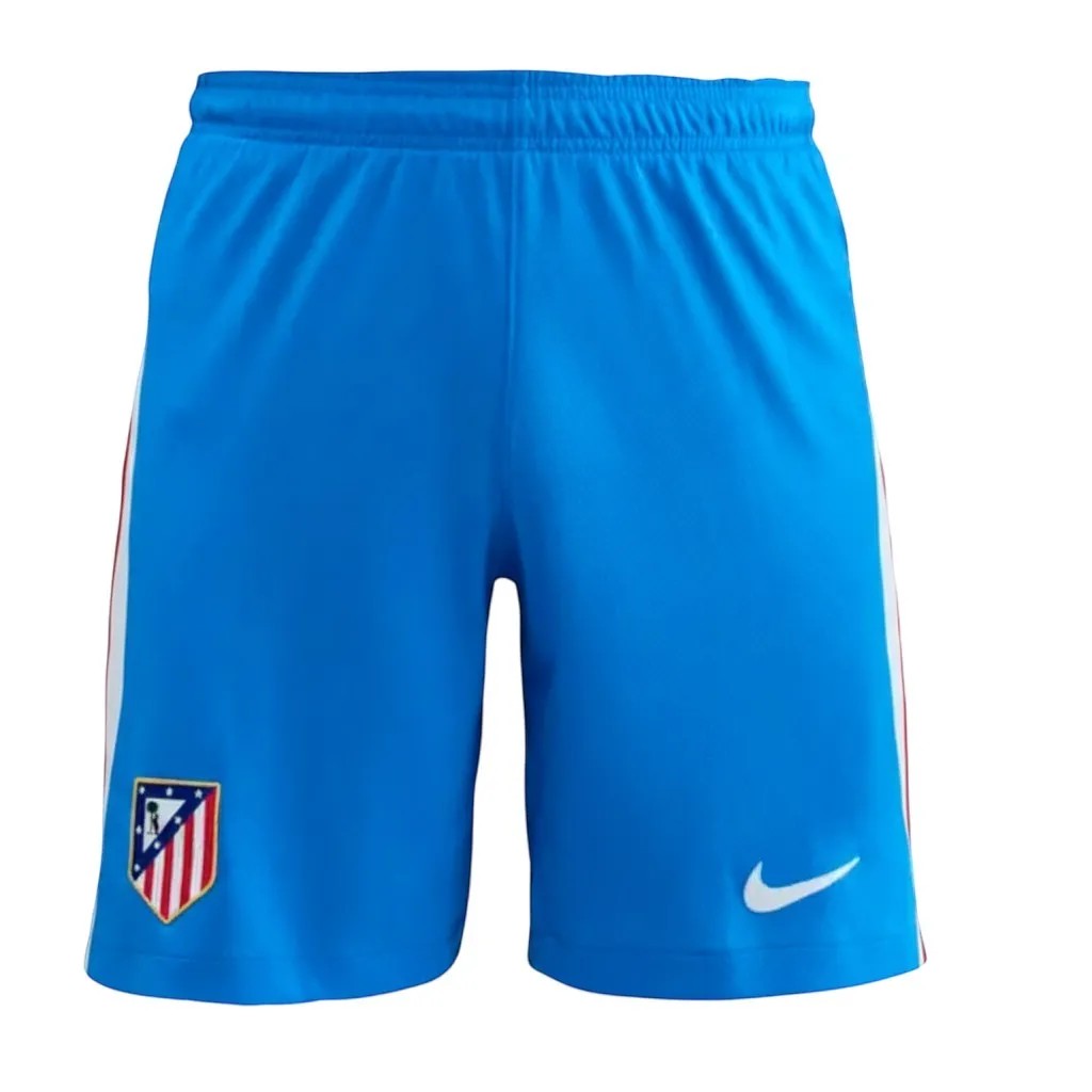 GOATkitz blue kids' Atlético Madrid 2025-26 third jersey shorts with side stripes and club crest.