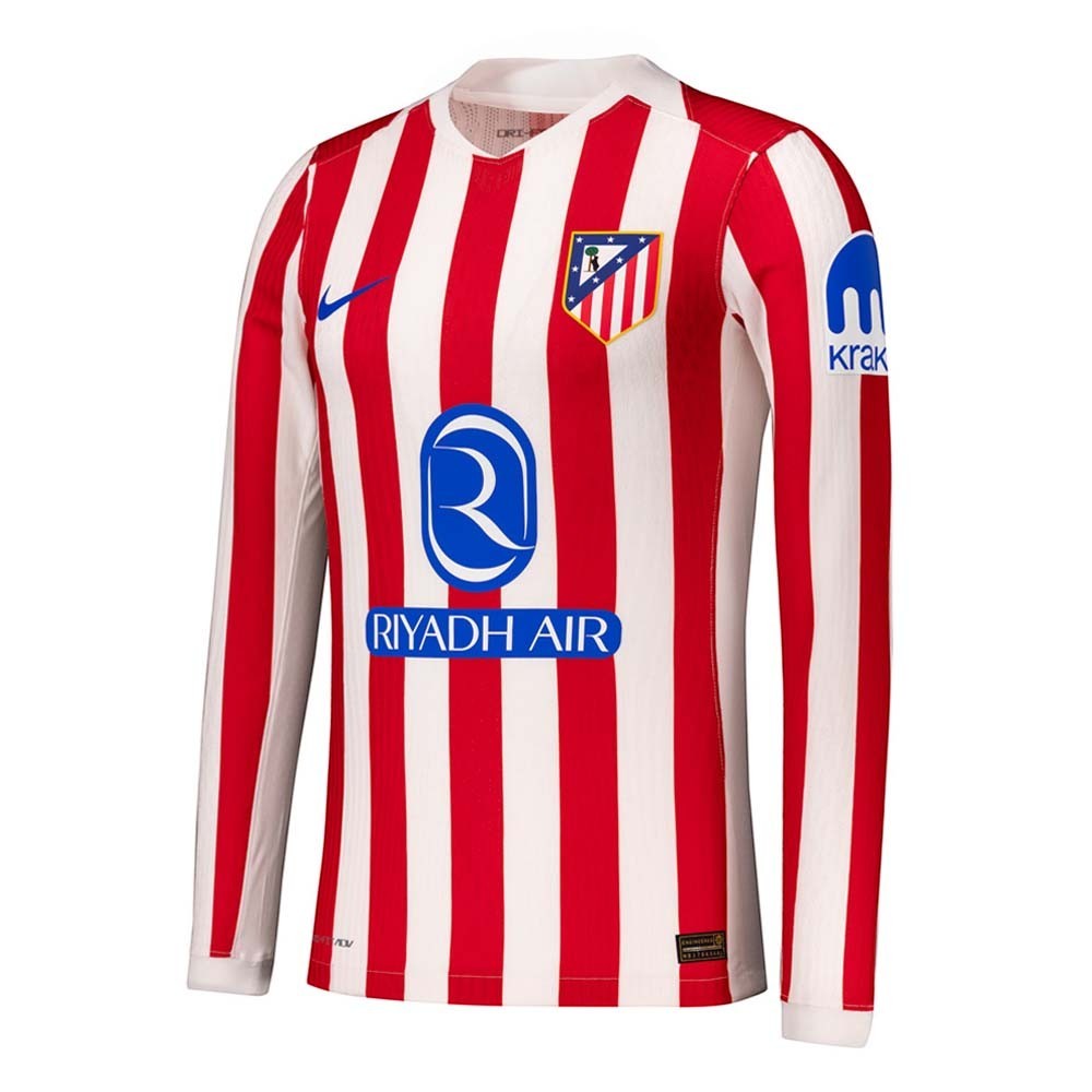 GOATkitz Atlético Madrid 2025-26 long sleeve home jersey with red and white vertical stripes, club crest, and sponsor logos.