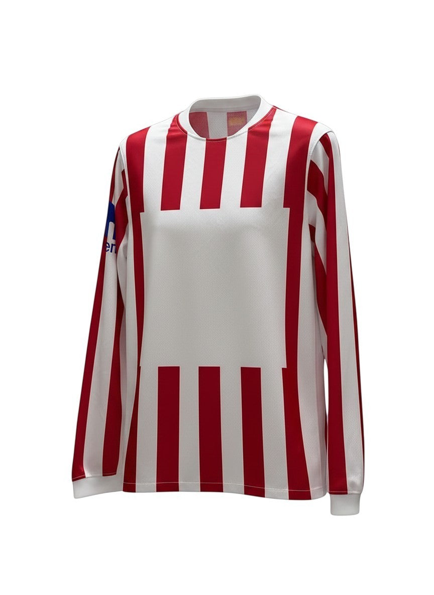 GOATkitz Atlético Madrid 2025-26 adult home long sleeve jersey in red and white vertical stripes.