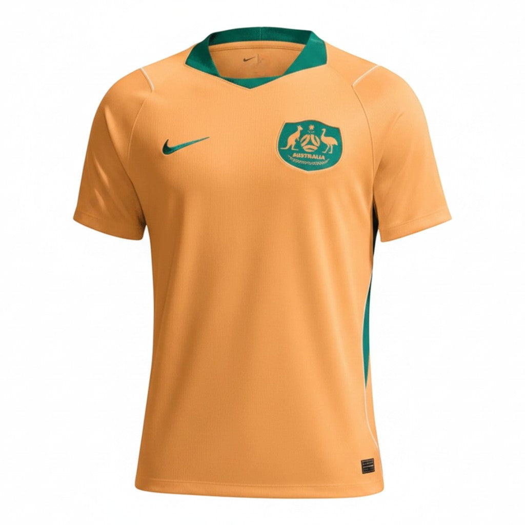 GOATkitz Australia 2026 adult home jersey in orange with green trim and collar. Features team crest and Nike logo.