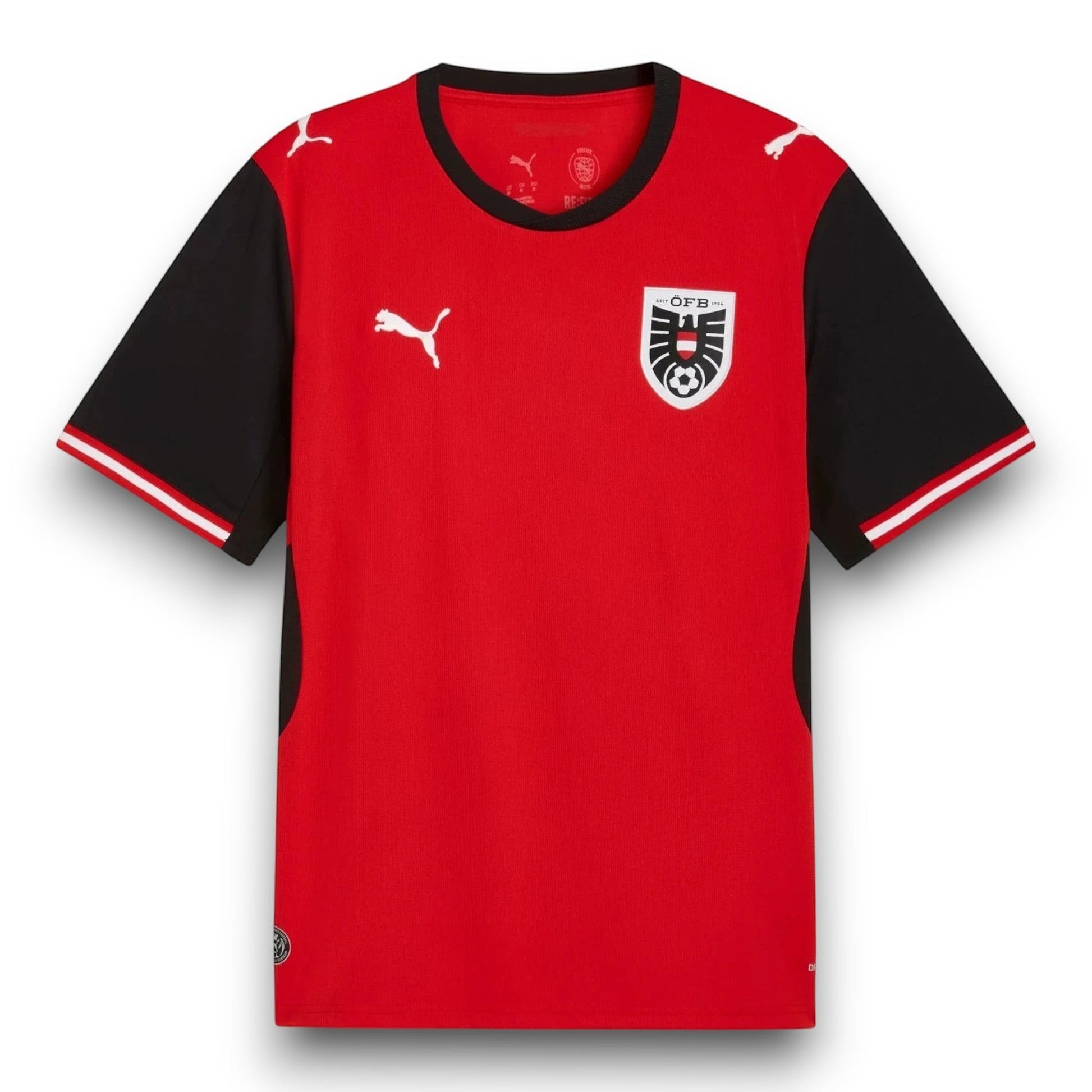 GOATkitz Austria 2026 adult home football jersey in red with black sleeves and white trim. Features Puma logo and Austria crest.