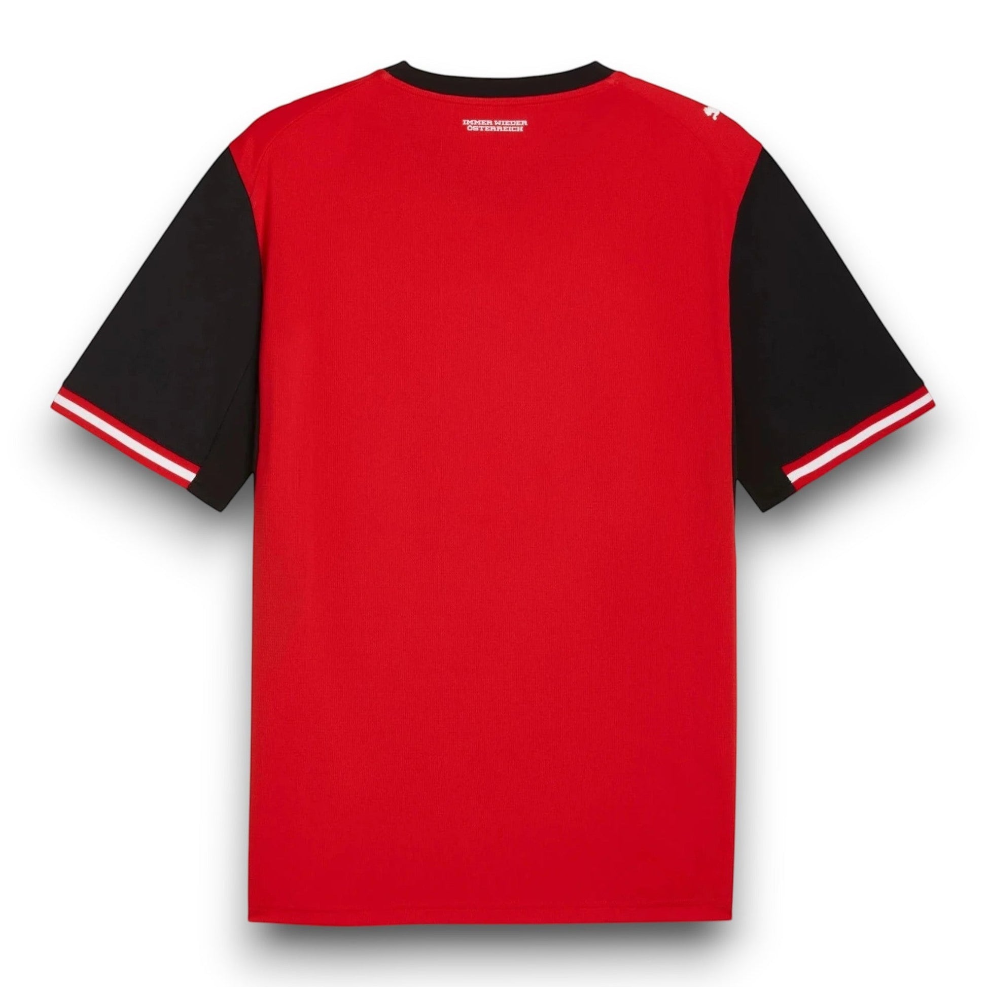GOATkitz Austria 2026 Adult Home Jersey, red with black sleeves and white-red trim. Customizable.