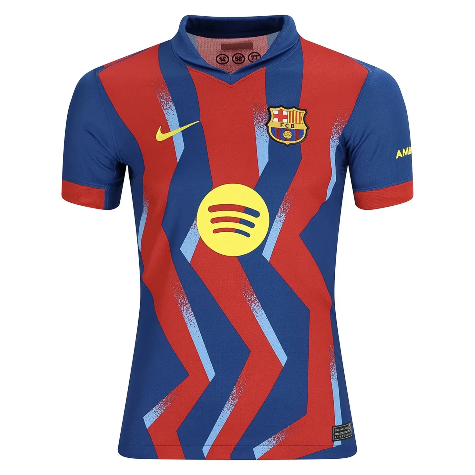 GOATkitz Barcelona 2025-26 adult fourth jersey in blue and red with abstract pattern, Nike logo, and Spotify sponsor.
