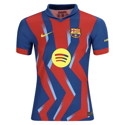 GOATkitz Barcelona 2025-26 adult fourth jersey in blue and red with abstract pattern, Nike logo, and Spotify sponsor.