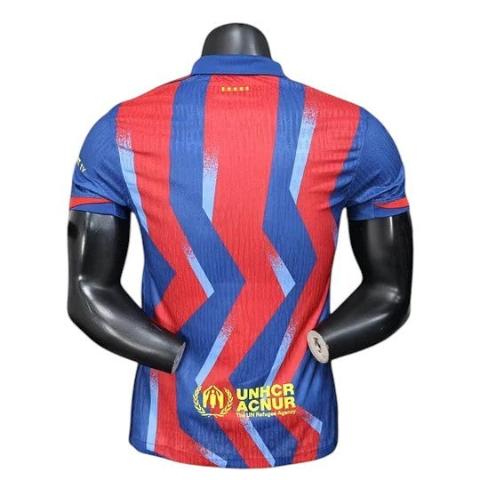 GOATkitz Barcelona 2025-26 adult player version fourth jersey, blue and red zig-zag pattern, UNHCR logo on back.