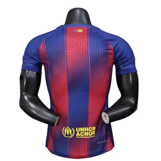 GOATkitz Barcelona 2025-26 adult player version home jersey, blue and red striped, with UNHCR logo on back.