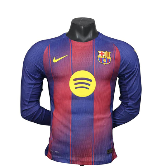 GOATkitz Barcelona 2025-26 adult player version long sleeve home jersey in blue and red stripes with yellow Spotify logo.
