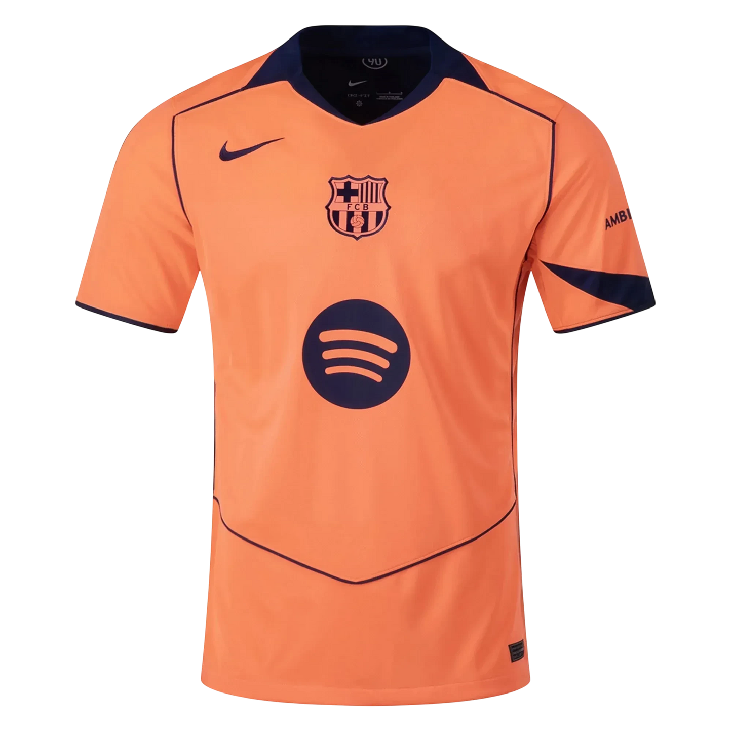 GOATkitz Barcelona 2025-26 adult third jersey in orange with navy blue trim and logos. Features Spotify logo on front.