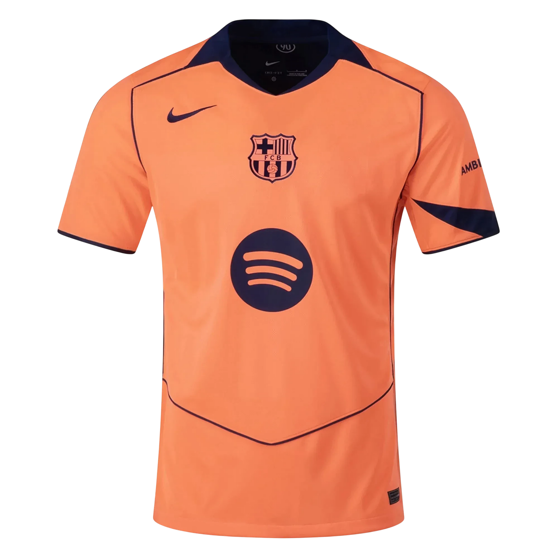 GOATkitz Barcelona 2025-26 adult third jersey in orange with navy blue trim and logos. Features Spotify logo on front.