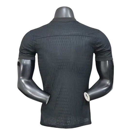 GOATkitz Barcelona 2025-26 black player version away jersey with textured pattern and short sleeves.
